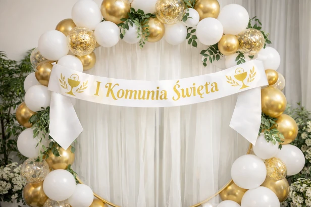 Szarfa biala Dekoracyjna - I Komunia Swieta + kielich - zloty nadruk - detal nadruku