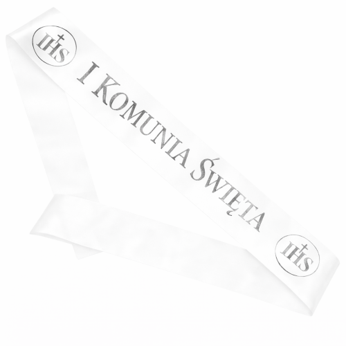 Szarfa biala Dekoracyjna - I Komunia Swieta + IHS - srebrny nadruk