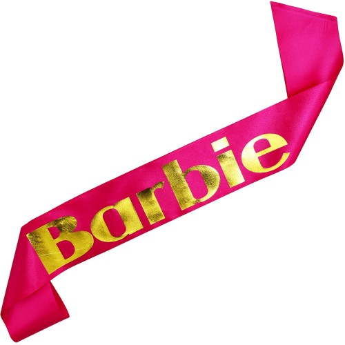 Szarfa z napisem Barbie - fuksja ze zlotym nadrukiem - detal nadruku
