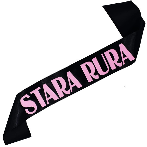 Szarfa Stara Rura - czarna szarfa urodzinowa z rozowym nadrukiem