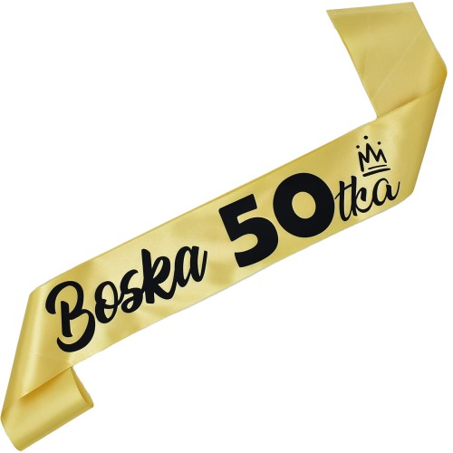 Szarfa na 50 urodziny - Boska 50tka - złota szarfa z czarnym nadrukiem