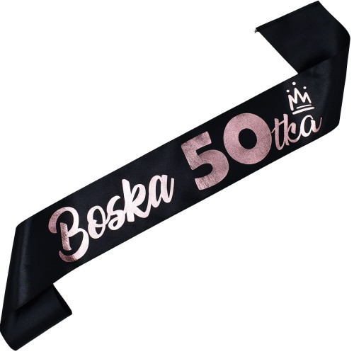 Szarfa na 50 urodziny - Boska 50tka - czarna szarfa ze złotym nadrukiem