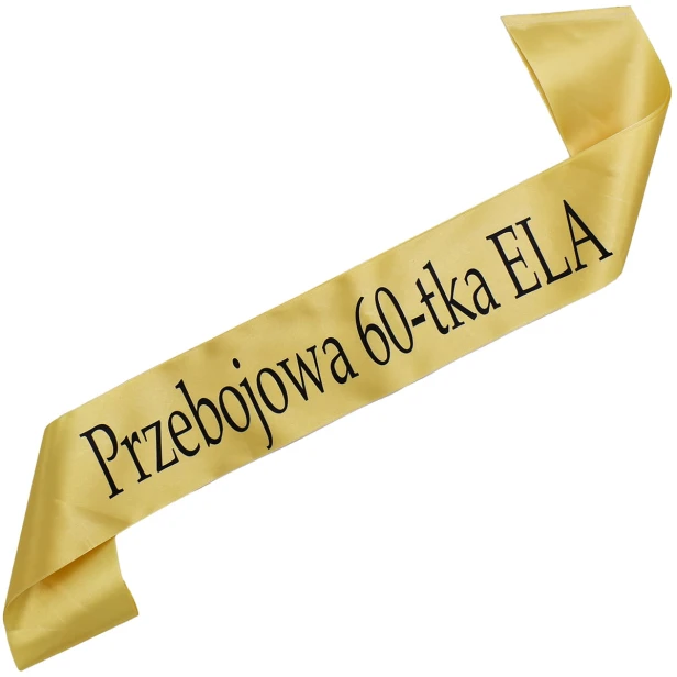 Szarfa urodzinowa Przebojowa 60-tka - zlota z czarnym nadrukiem - dowolne imie