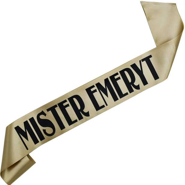 Szarfa dla emeryta - Mister Emeryt - starozłota z czarnym nadrukiem