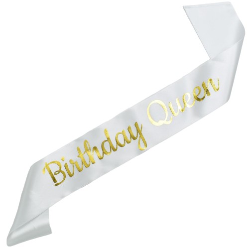 Szarfa „Birthday Queen” biała ze złotym nadrukiem