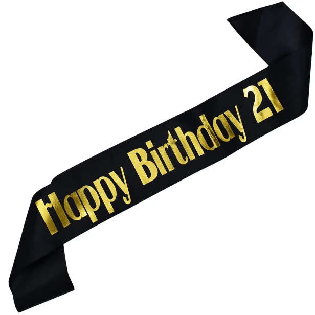 Szarfa Happy Birthday 21 czarna ze zlotym nadrukiem