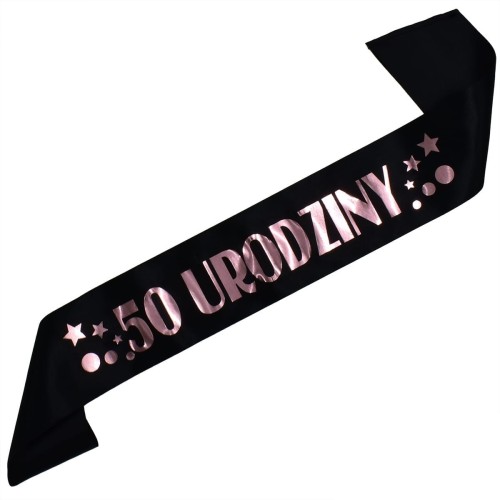 Szarfa na 50 urodziny - czarna, rozowozloty nadruk