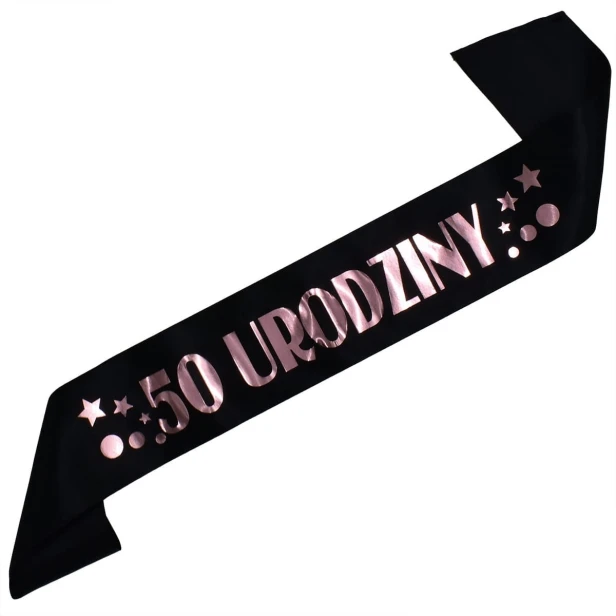 Szarfa na 50 urodziny - czarna, rozowozloty nadruk