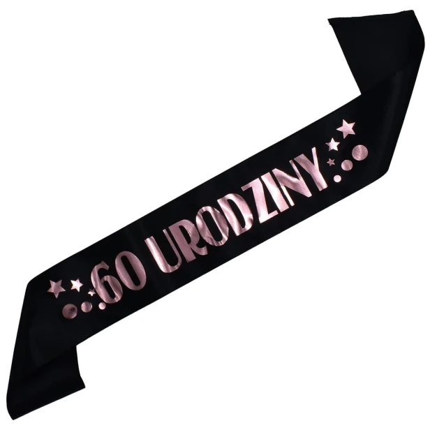Szarfa na 60 urodziny - czarna, rozowozloty nadruk