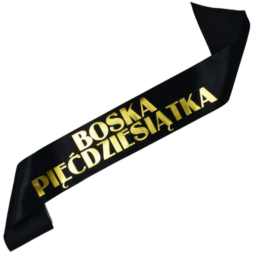 Szarfa na 50 urodziny Boska Piecdziesiatka - czarna, zloty nadruk