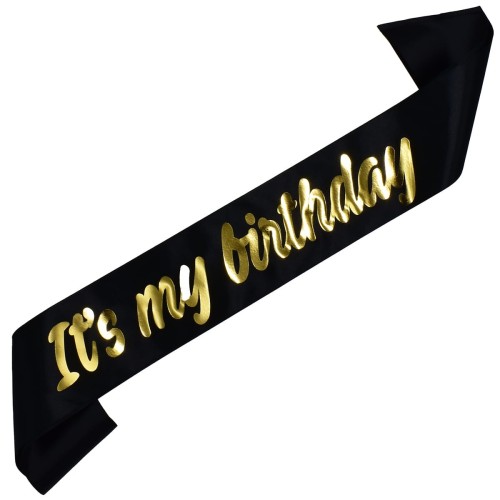 Szarfa czarna Its my Birthday - czarna, zloty nadruk