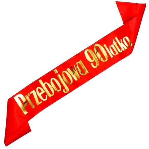 Szarfa na 90 urodziny Przebojowa 90 latka - czerwona, zloty nadruk