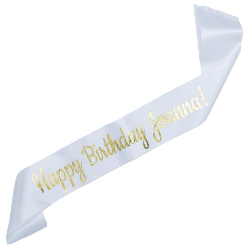 Szarfa biala Happy Birthday z dowolnym imieniem
