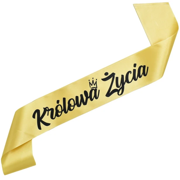Szarfa zlota Krolowa zycia - czarny nadruk